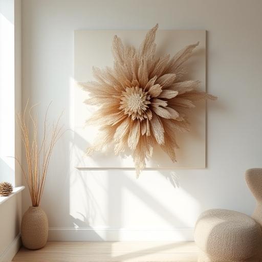 Szárított virágokból készült nagyméretű fali dísz egy minimalista enteriőrben.